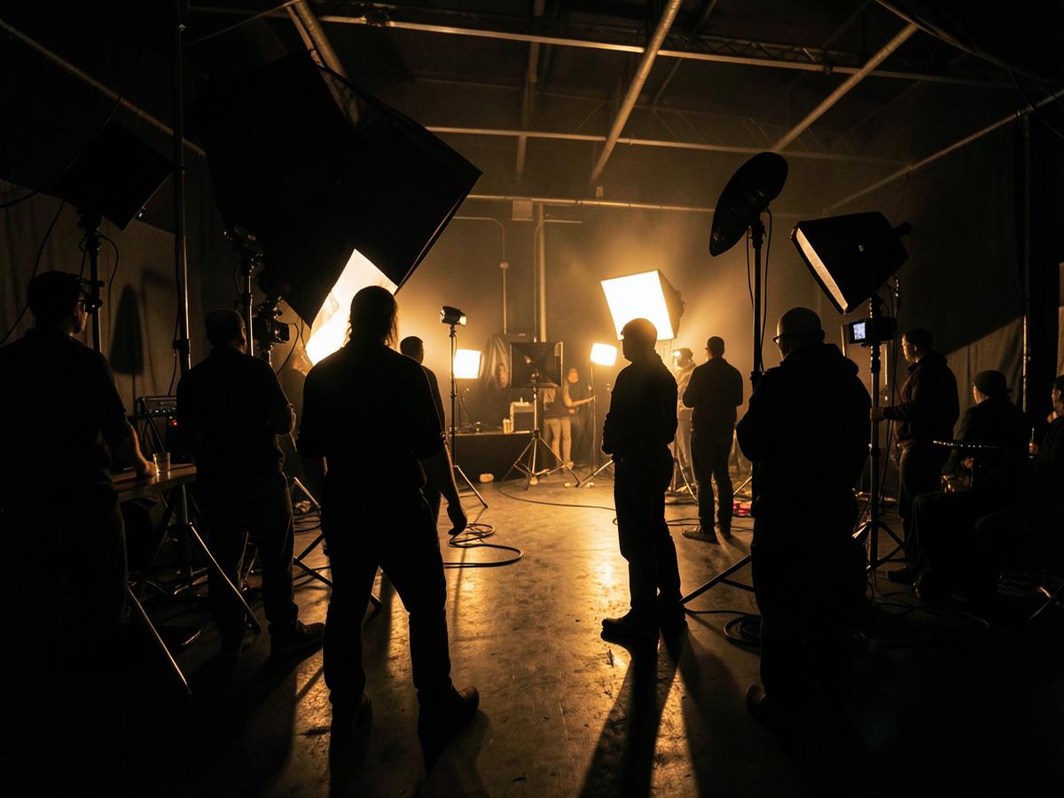 Equipe de produção audiovisual em set de filmagem
